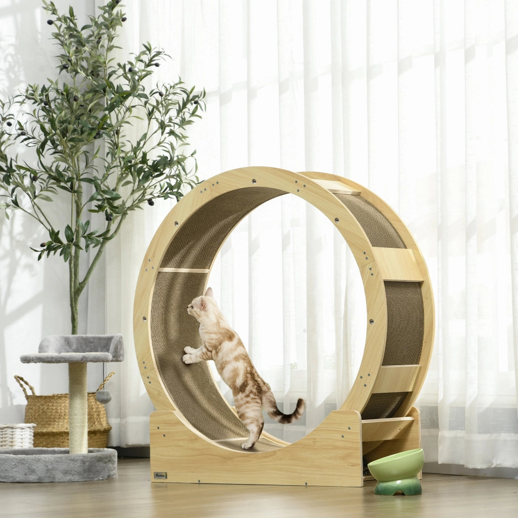 Tiragraffi per gatti con rotazione fluida, freno e tappetino graffiabile in legno color oak 91 × 33,5 × 94 cm