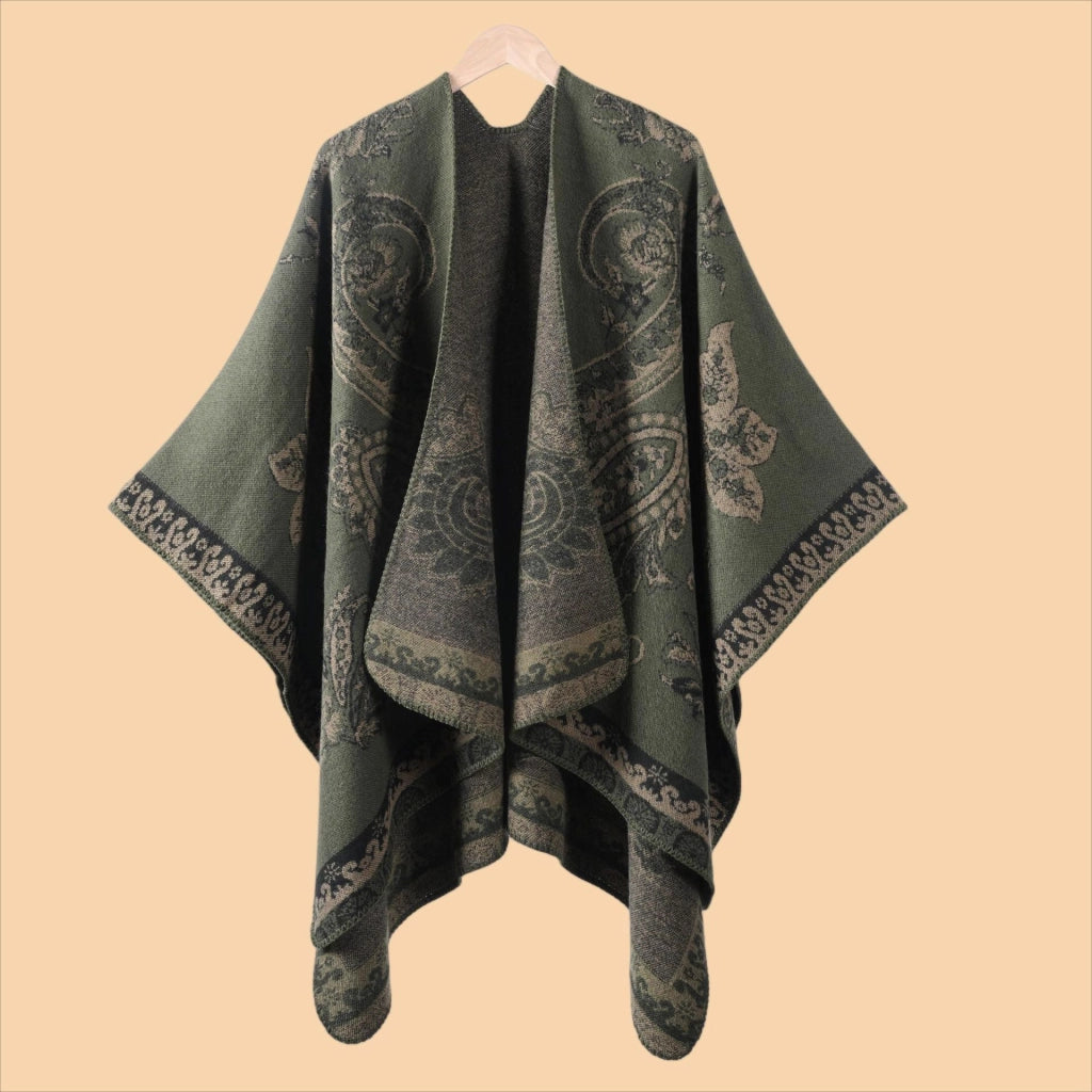 Nuovo scialle/mantella in jacquard di cashmere alla moda con spacchi, spesso e ampio, da donna.