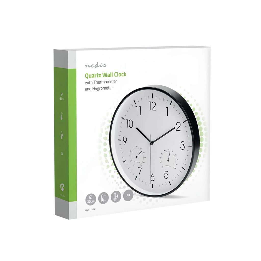Orologio da Parete 30 cm con Termometro Igrometro Movimento Silenzioso Bianco / Nero Nedis
