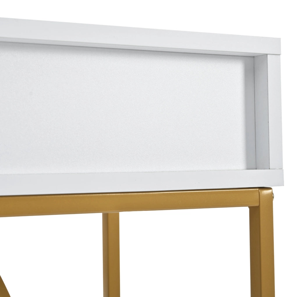 Consolle 110x32x85 cm con cassetto e gambe regolabili in MDF e metallo bianco