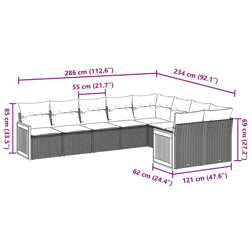 Set Divani da Giardino 9 pz con Cuscini Nero in Polyrattan 3260383
