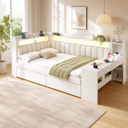 Letto da giorno imbottito 140x200 cm con scrivania; LED; USB e 2 cassetti; bianco