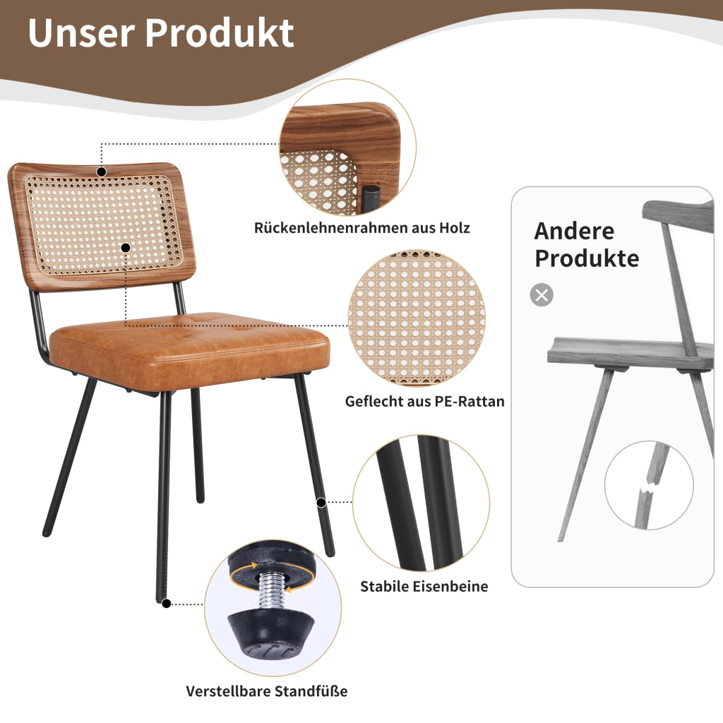 Sedia da pranzo in PU con schienale in rattan PE, seduta imbottita ed ergonomica, gambe in metallo marrone