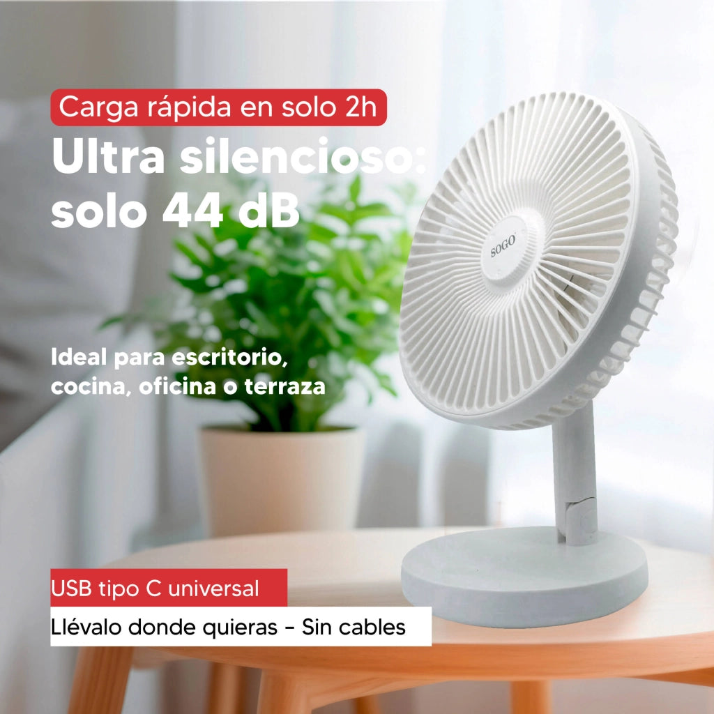 Ventilatore da tavolo ricaricabile 30cm, batteria litio 2000mAh, 5 pale 3 velocità, oscillazione 4h autonomia - SOGO