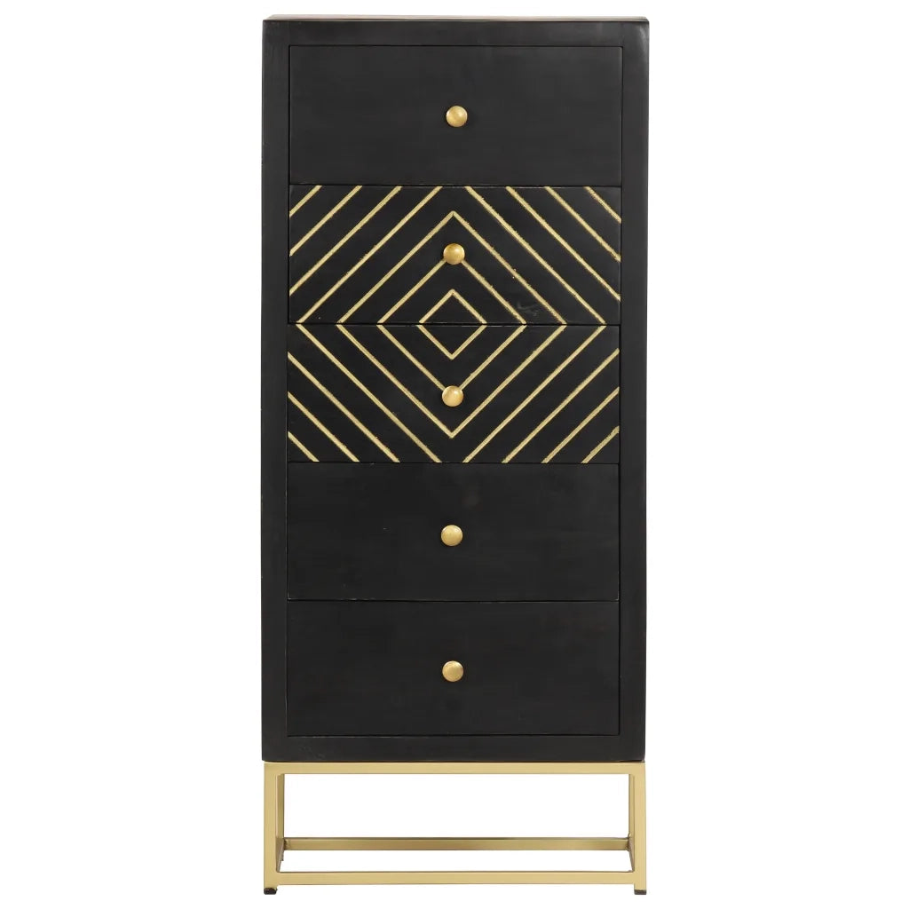 Cassettiera Nero e Oro 45x30x105 cm in Legno Massello di Mango cod mxl 81695