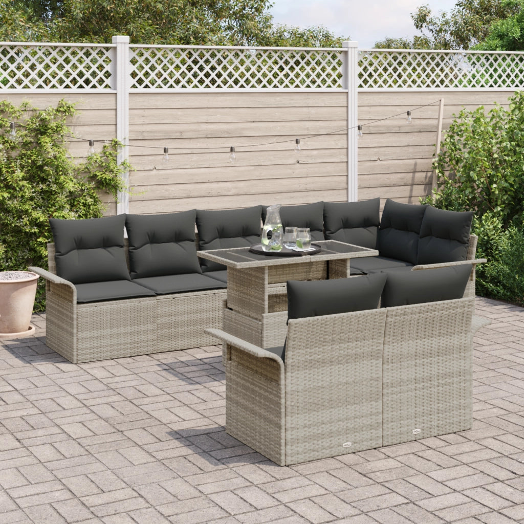 Set di 9 Pezzi di Divani da Giardino con Cuscini Grigio Chiaro in Rattan Plastica