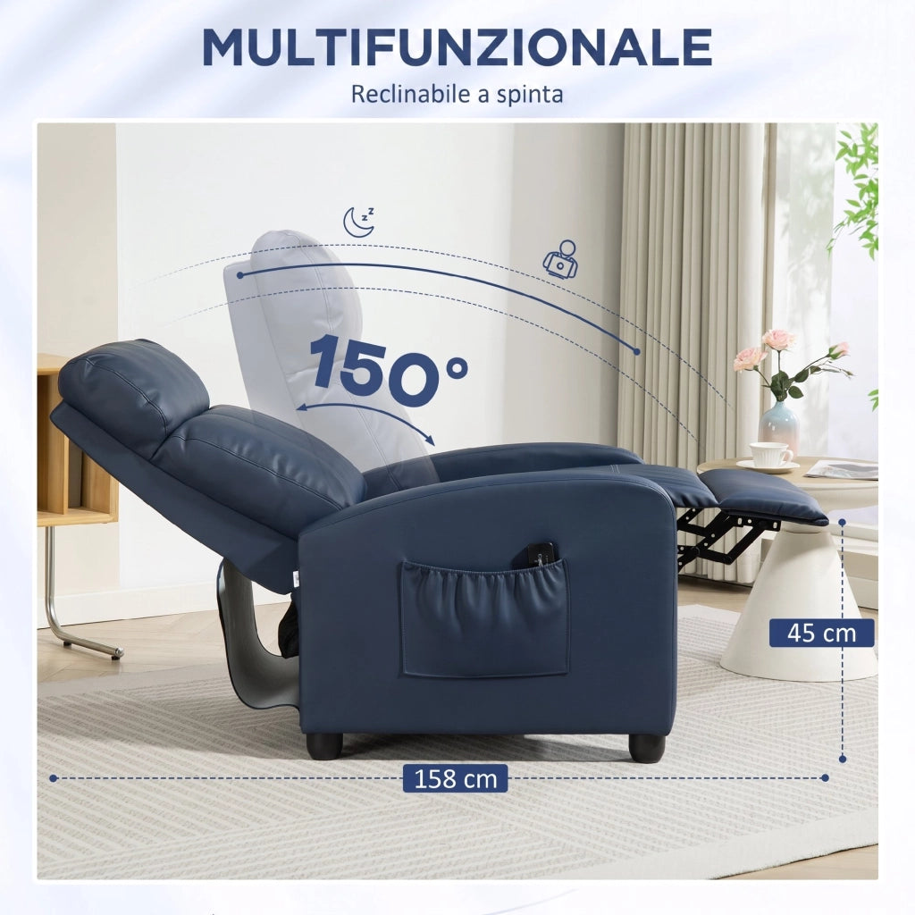 Poltrona Massaggiante Reclinabile 68x88x98 cm con Telecomando e Poggiapiedi in Pelle PU Blu Scuro