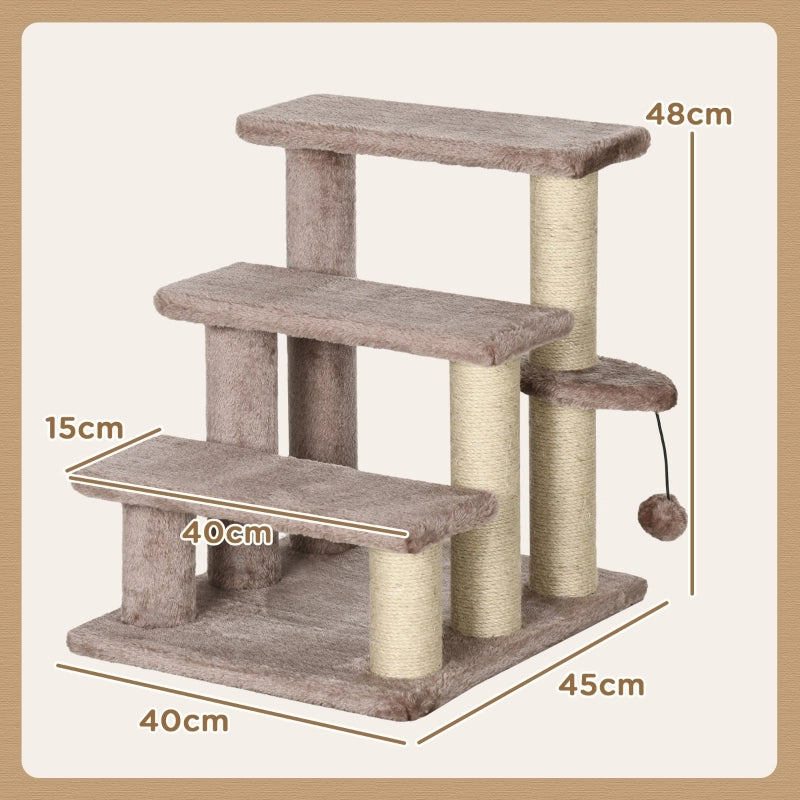 Treppe per gatti con tiragraffi in juta, 3 gradini, pallina gioco, 45x40x48 cm, marrone