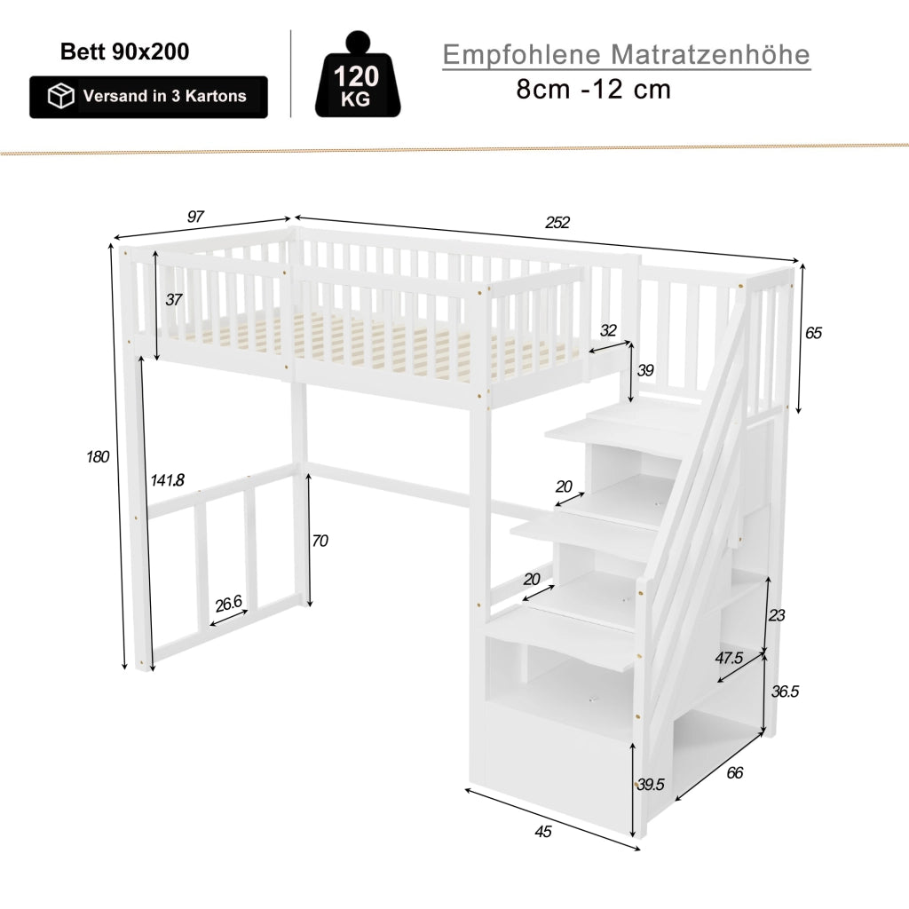 Letto a Soppalco Singolo con Scala Contenitore e Scrivania 90×200 cm; senza Materasso; in Legno; Bianco