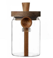 Contenitore di vetro con coperchio in legno e cucchiaio, 20 once (circa 575,5 gram) contenitore per conservazione alimentare, caffettiera, contenitore per polvere di caffè, contenitore di vetro per alimenti (1 pezzo).