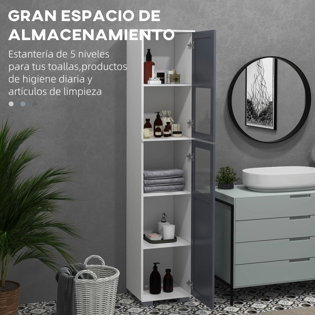 Armadio Bagno Alto con 2 Ante Vetro e Ripiani Regolabili ¨C Zephmum ¨C Bianco Grigio 37x35x190 cm