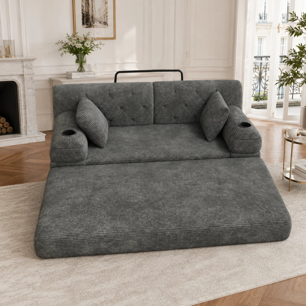 Divano letto a 3 posti con schienale alto, 4 tasche e 2 portabicchieri in tessuto effetto corda grigio scuro