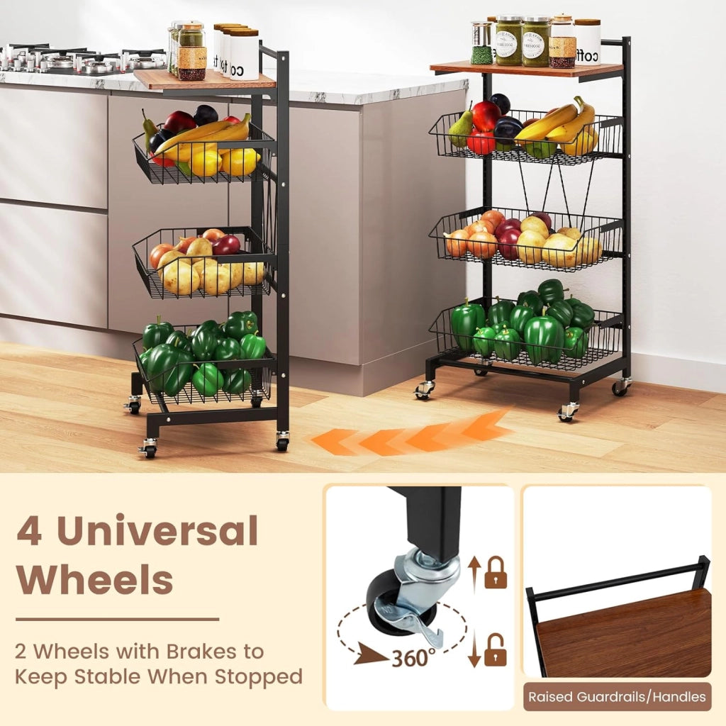 Carrello portaoggetti a 4 livelli, carrello da cucina con piano in legno, 3 cestini in metallo, telaio in metallo a 'W', carico totale 40 KG, mobile portaoggetti per cucina, camera da letto