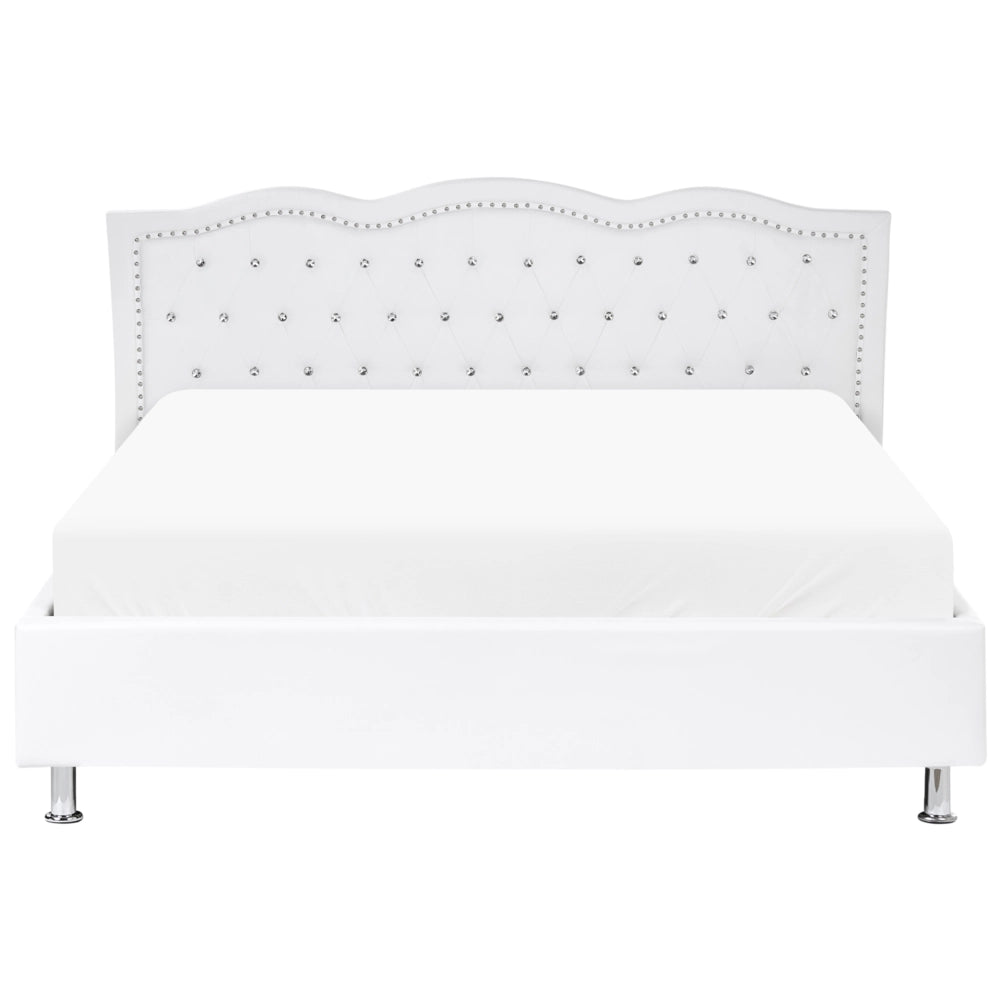 Letto 160 x 200 cm Bianco Ecopelle Cornice Imbottita Bottoni In Cristallo Bottoni Poggiatesta