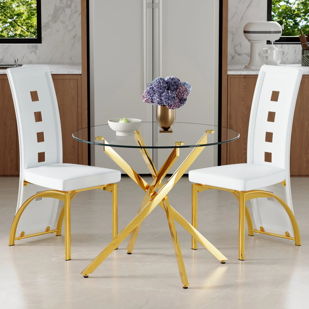 Set tavolo da pranzo e sedie con 1 tavolo rotondo e 2 sedie traforate; vetro; metallo e PU; bianco e oro
