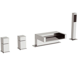 Rubinetto serie cube waterfall bordo vasca dotato di deviatore, bocca cascata e doccetta