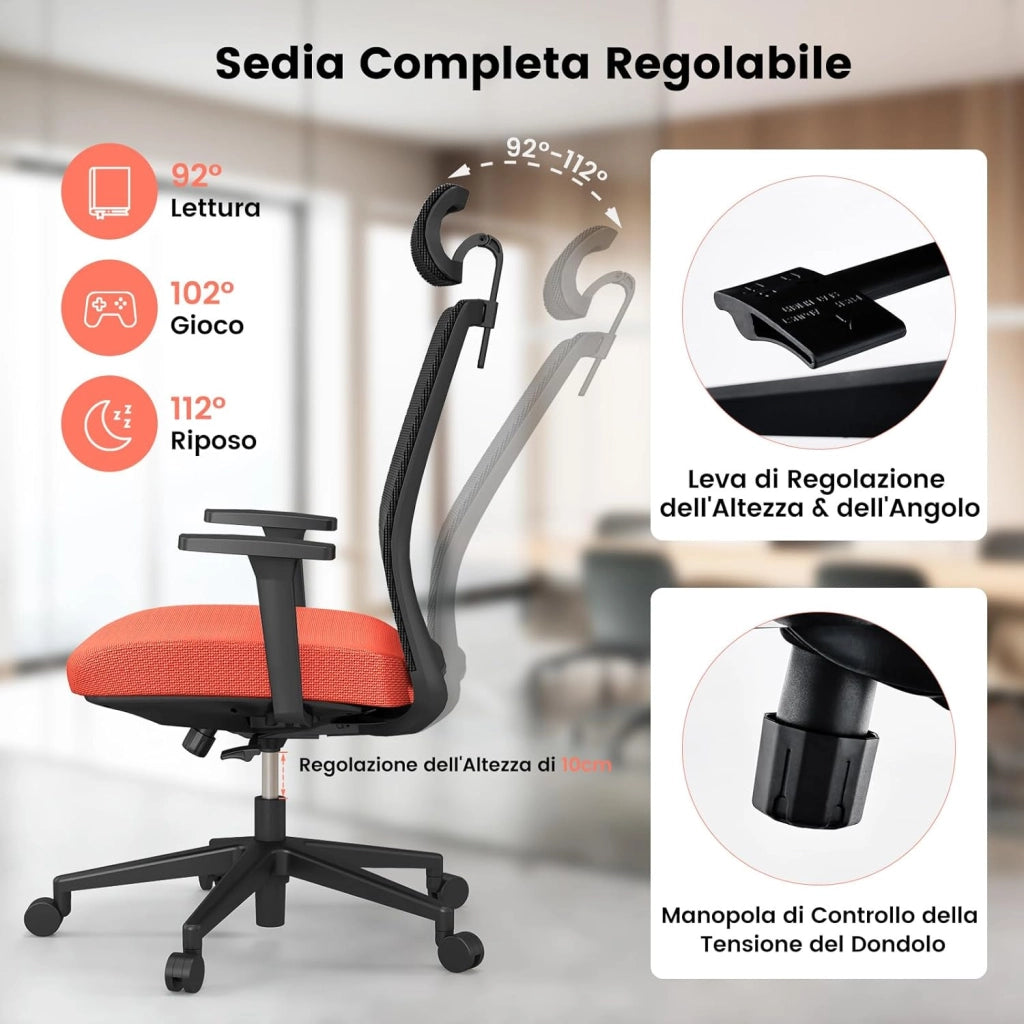 Sedia da Ufficio Regolabile in Altezza, Sedia da Scrivania Ergonomica con Schienale Traspirante, Supporto Lombare, Ruote, per Ufficio e Studio, Fino a 180 kg