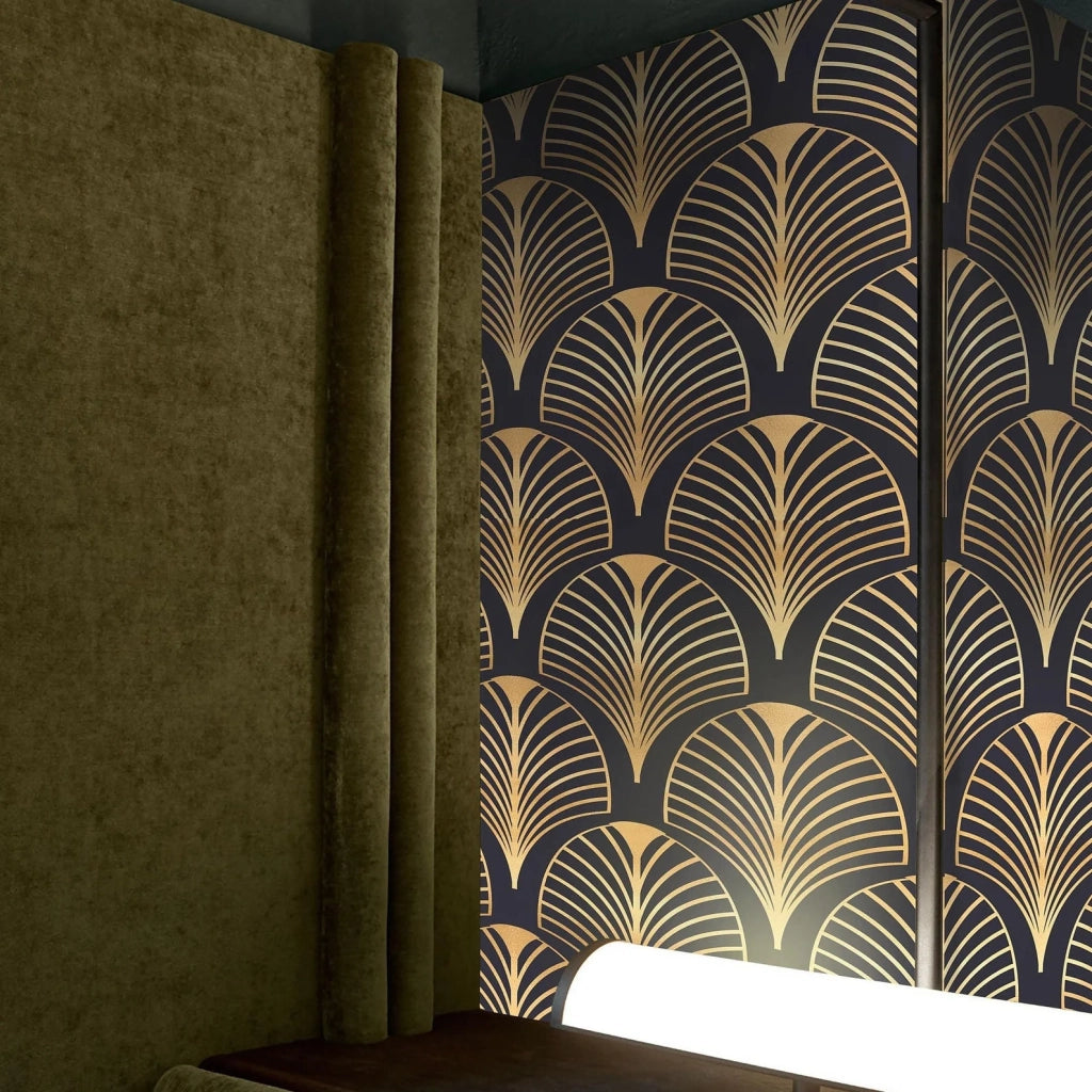 Carta da Parati Art Déco Anni '30 Nera e Oro Carta Vegana 250x200cm 5,5mq 