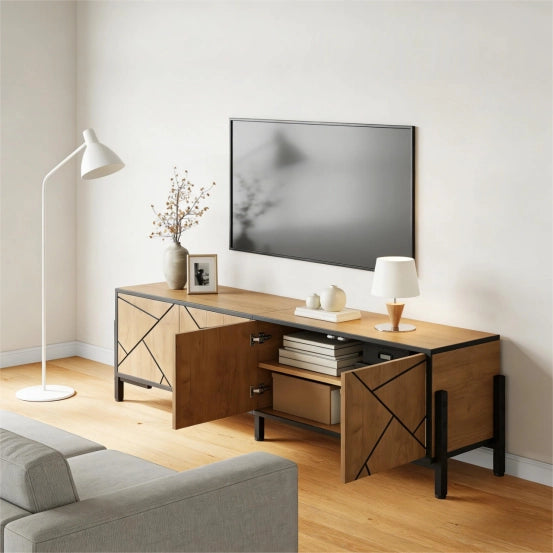 Mobile TV con 4 Ante ¨C Xylo ¨C Legno Naturale e Nero, 153x40x50 cm