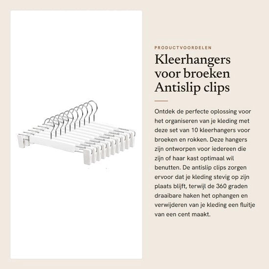 Hangers Antislip 10 pezzi - Hangers per pantaloni - Clip regolabili - Ganci giratoi 360 gradi - Leggeri - Adatti per viaggio
