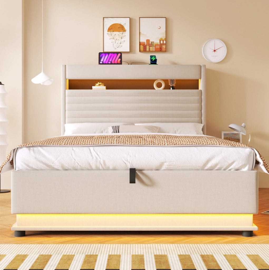 LETTO Contenitore 140x200 cm in lino Beige con LED e USB-C