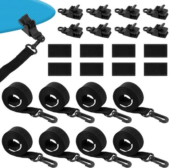 Kit di fissaggio per piscina - 24 pezzi - Incluso 8 cinturoni in nylon per ombrelloni - 8 clip - 8 chiusure a clip - Nylon nero - Protezione solare per ombrelloni