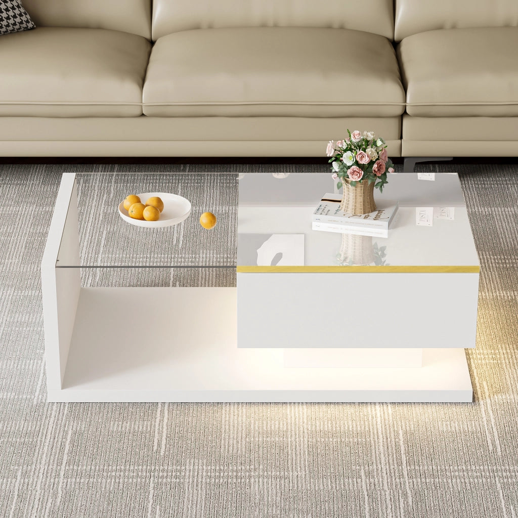 Tavolino da salotto con 1 vano contenitore; ripiani aperti e LED; in truciolare; 90 × 50 × 32.5 cm; Bianco