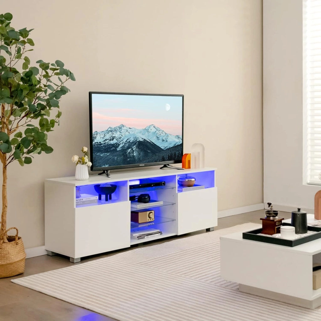 Mobile Porta TV con Luci, Mobile TV per Televisione Fino a 65", Tavolino Multifunzionale da Soggiorno, con Ripiani in Vetro Regolabili, Mobiletto Porta TV a 2 Porte, 146 x 35 x 53 cm