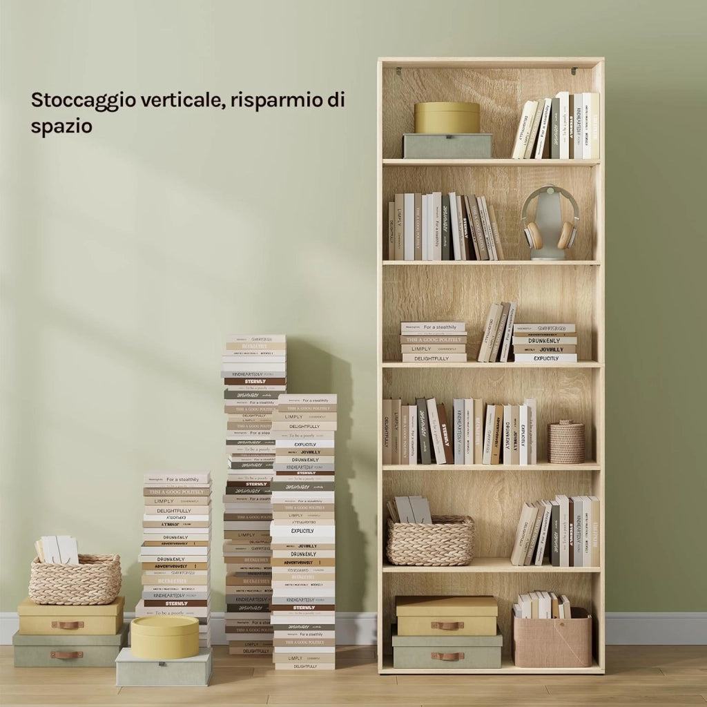 Libreria a Pavimento con 6 Ripiani Regolabili, Scaffale Aperto per Soggiorno Ufficio Camera, Divisorio Ambienti, 60x180x23,5 cm, Rovere Chiaro