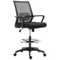 Sedia da Ufficio Regolabile in Tessuto a Rete con Braccioli e Anello Poggiapiedi, 64x59x104-124 cm, Nero