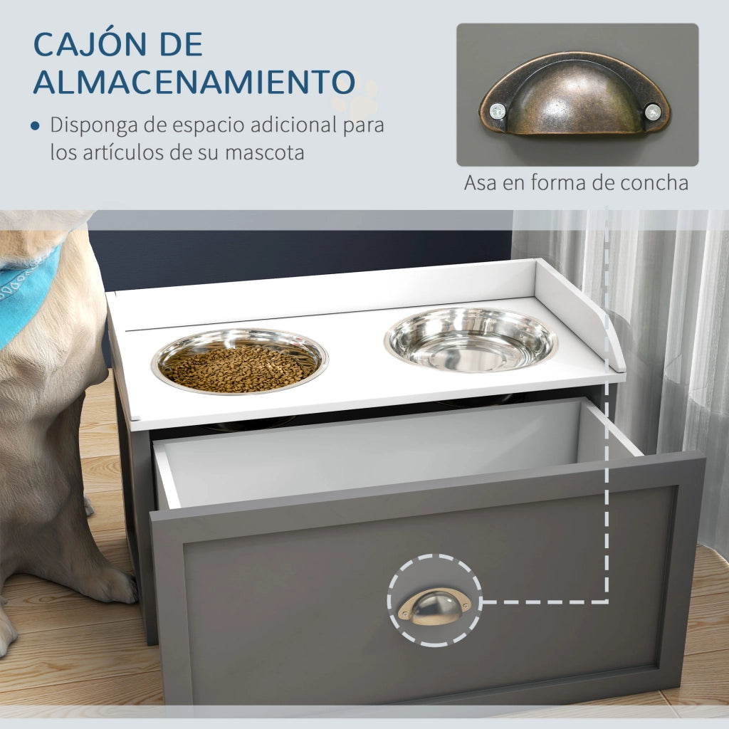 Tavolo per Cani con 2 Ciotole e Cassetto ¨C zephmum ¨C Grigio e Bianco 63x30x36 cm