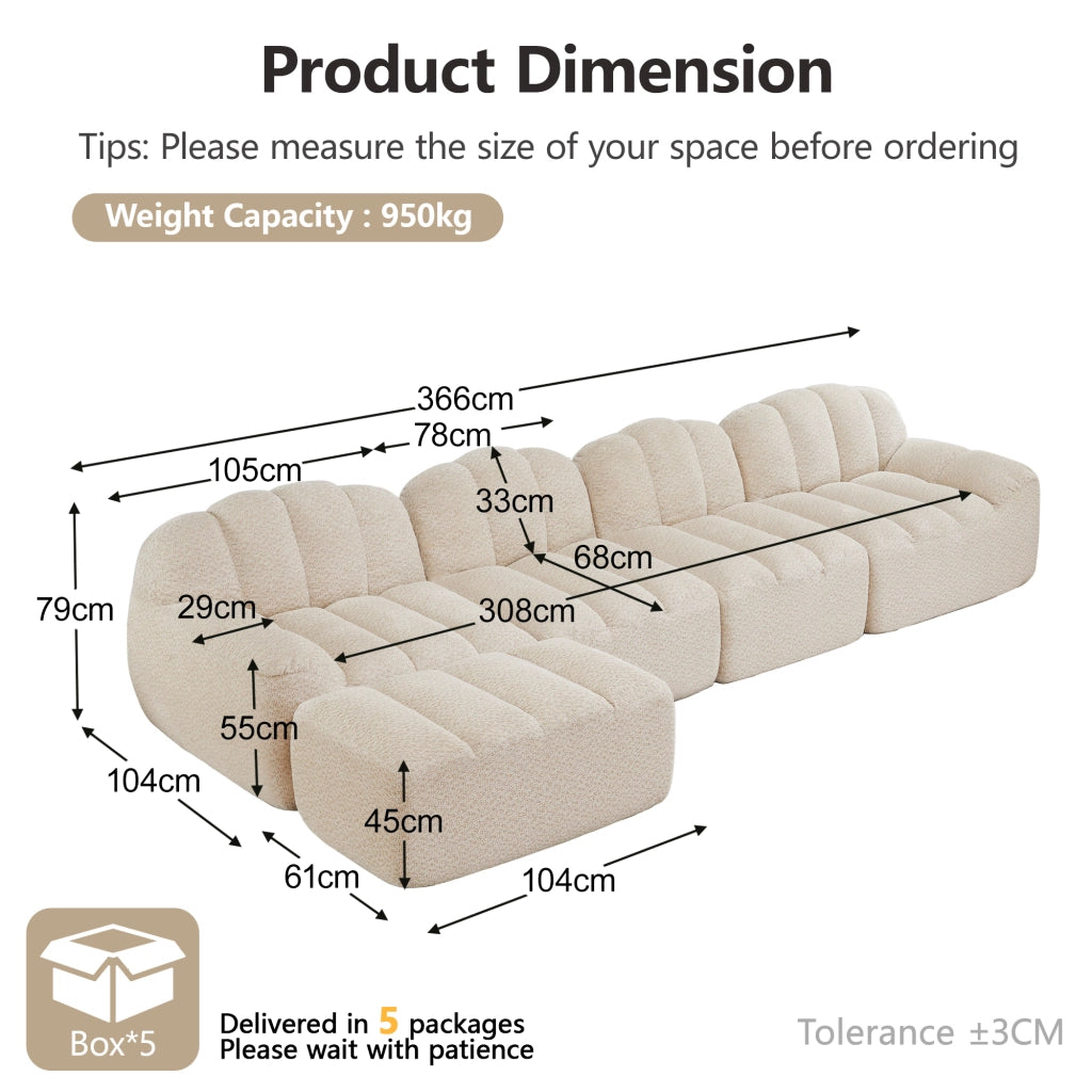 Divano componibile a 4 posti con ottomana in pile granulato beige bianco senza montaggio 79 × 366 × 165 cm
