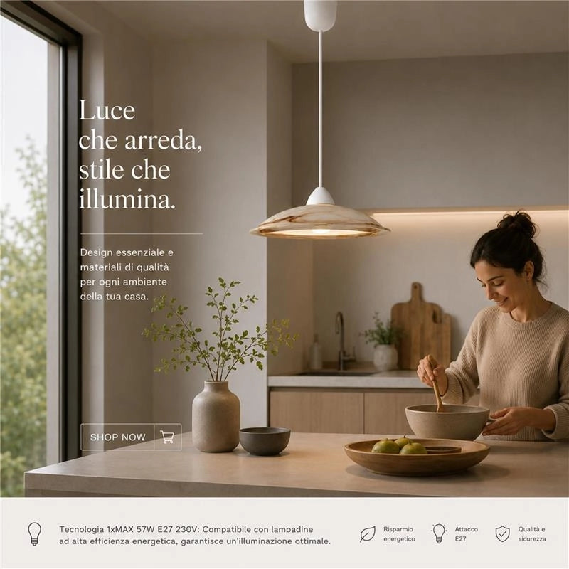 DUNA LAMPADA A SOSPENSIONE IN VETRO CENTRIFUGATO ALABASTRO TABACCO CON PENDE IN PLASTICA DIAMETRO 30X90H CM