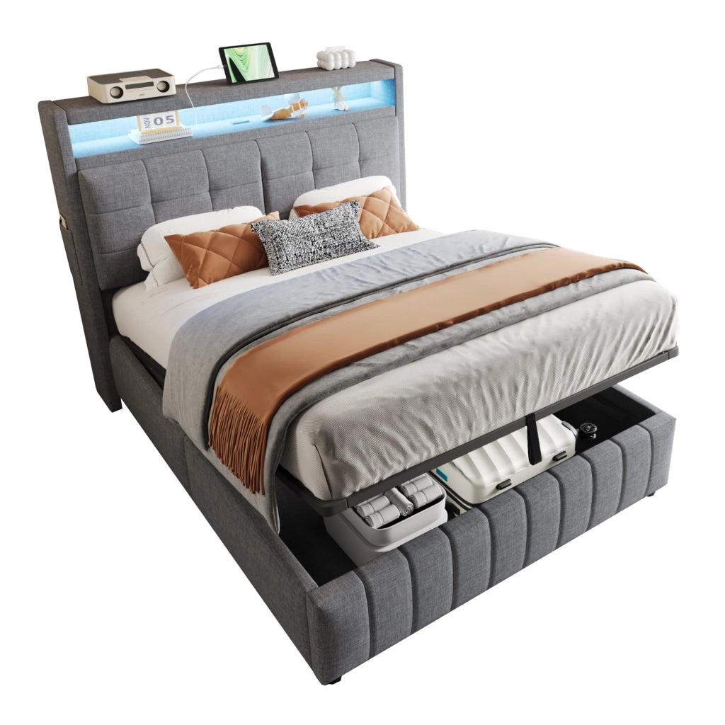 Letto Matrimoniale 140 x 200 cm; con LED e USB; contenitore idraulico; in Lino Grigio