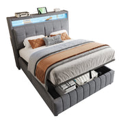 Letto Matrimoniale 140 x 200 cm; con LED e USB; contenitore idraulico; in Lino Grigio