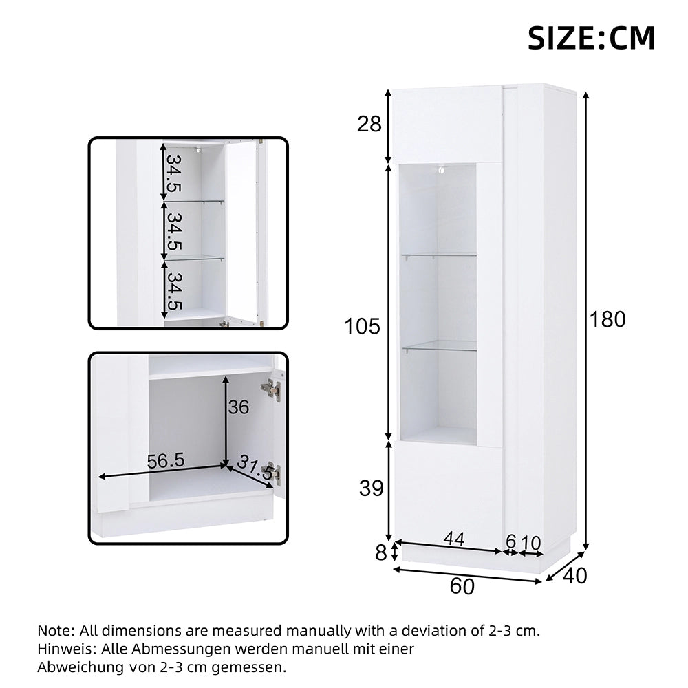 Vetrina 60x40x180 cm con LED - Xylo - 3 ripiani in vetro, ante in acrilico, armadio per soggiorno, bianco