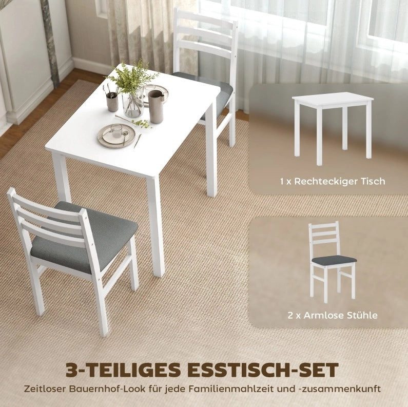 Set da pranzo 3 pezzi con tavolo in MDF bianco e 2 sedie imbottite per spazi compatti