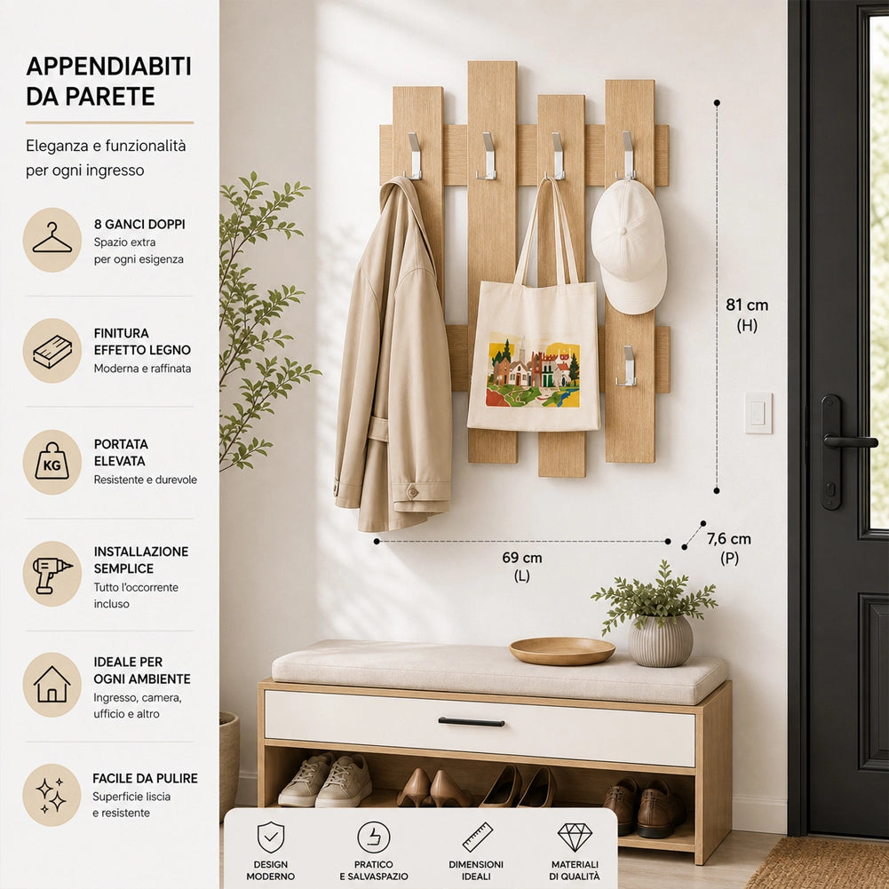 Appendiabiti da Muro Attaccapanni Montaggio a Parete H79xl64xP4 cm Quercia
