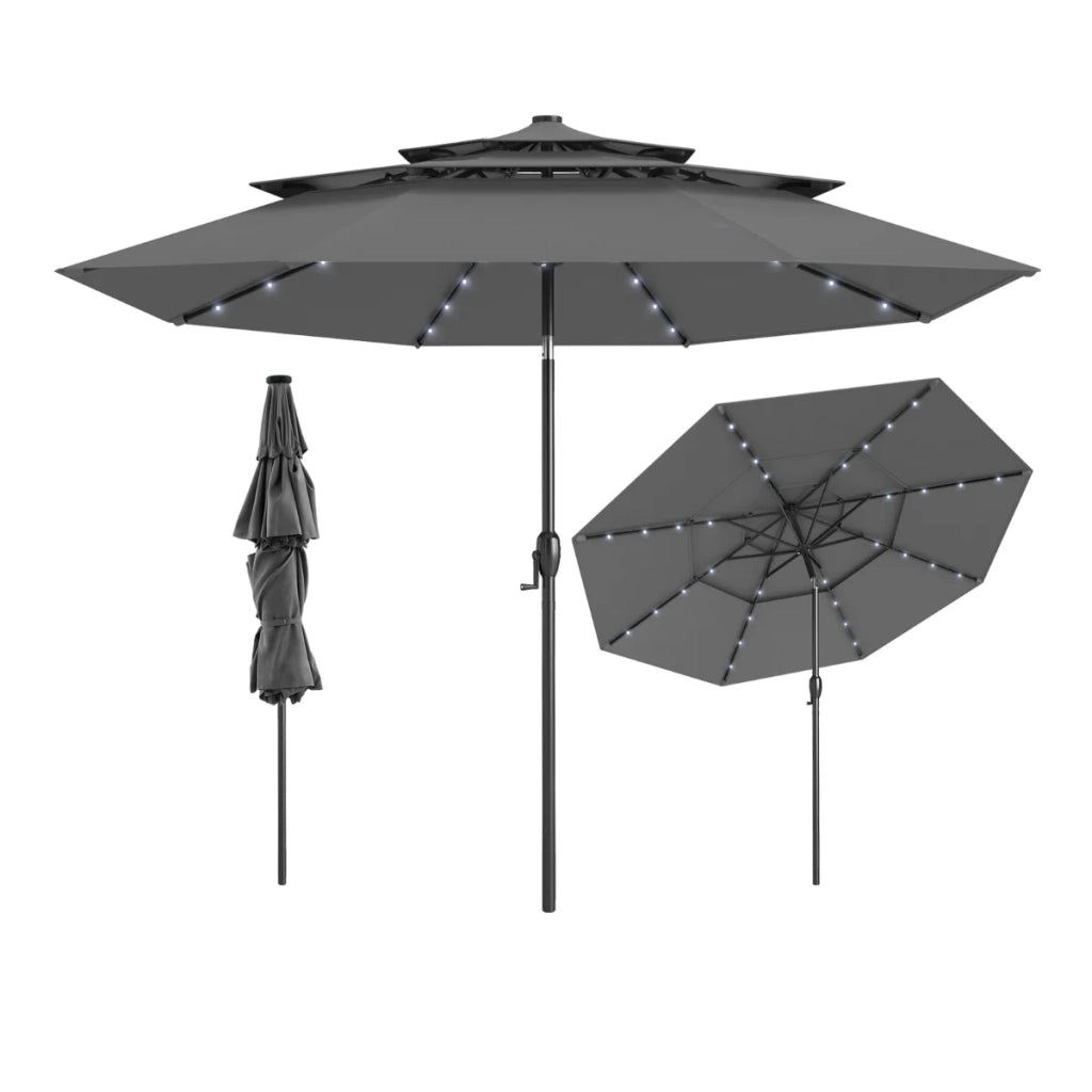 Ombrellone da giardino inclinato 313 x 248 cm con 32 luci LED e tettuccio ventilato a 3 livelli in poliestere grigio 20_0012992
