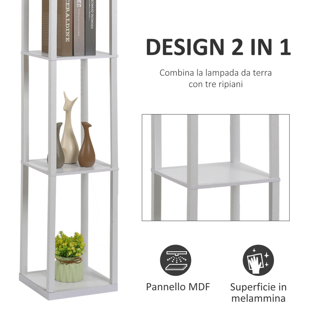 Lampada da Terra con 3 Mensole Integrate, Attacco E27 Potenza 40W, Arredamento Moderno in MDF, 26x26x160cm, Bianco