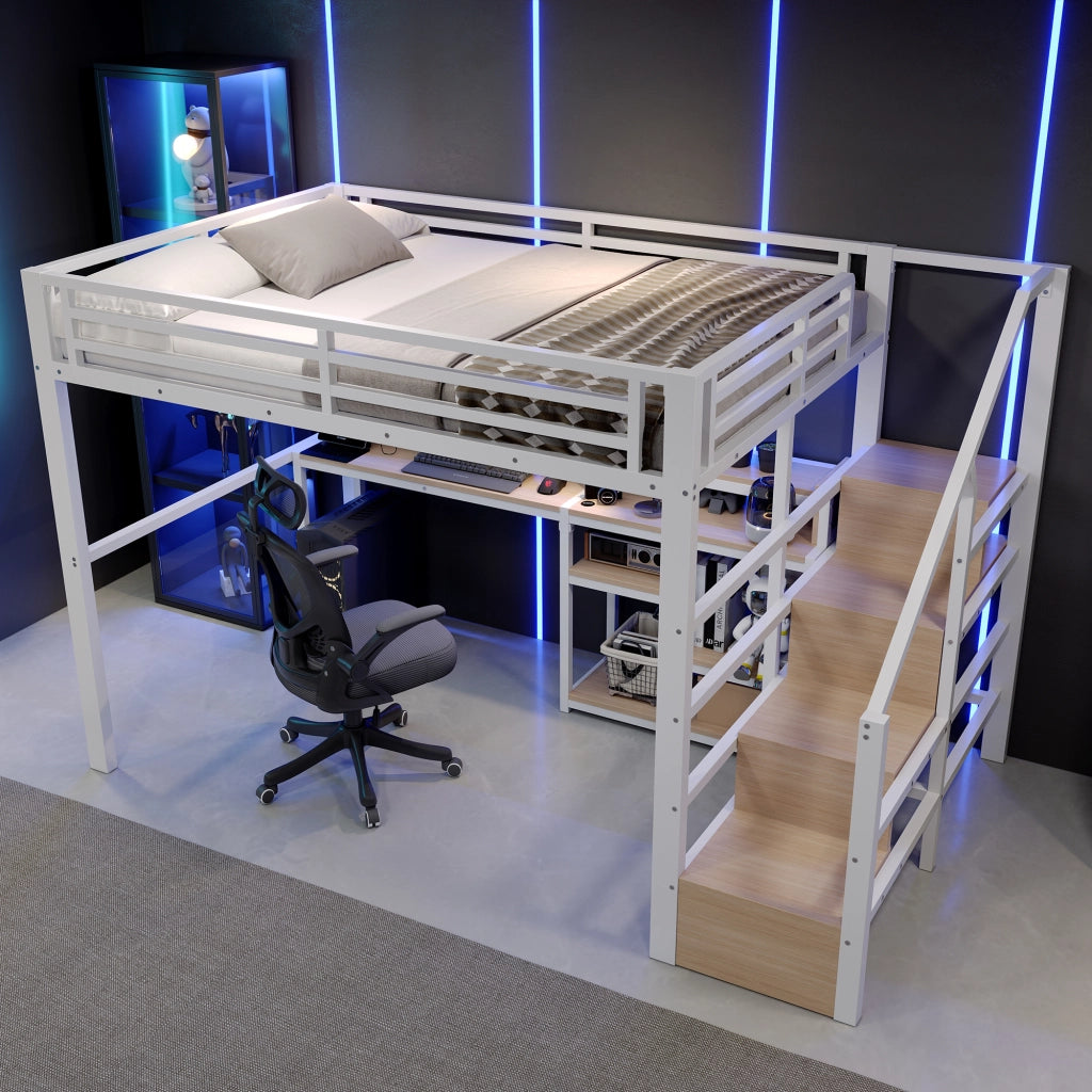 Letto a soppalco 140x200 cm per 2 persone con scala contenitore, prese USB/Type-C, ripiano e illuminazione LED, metallo bianco