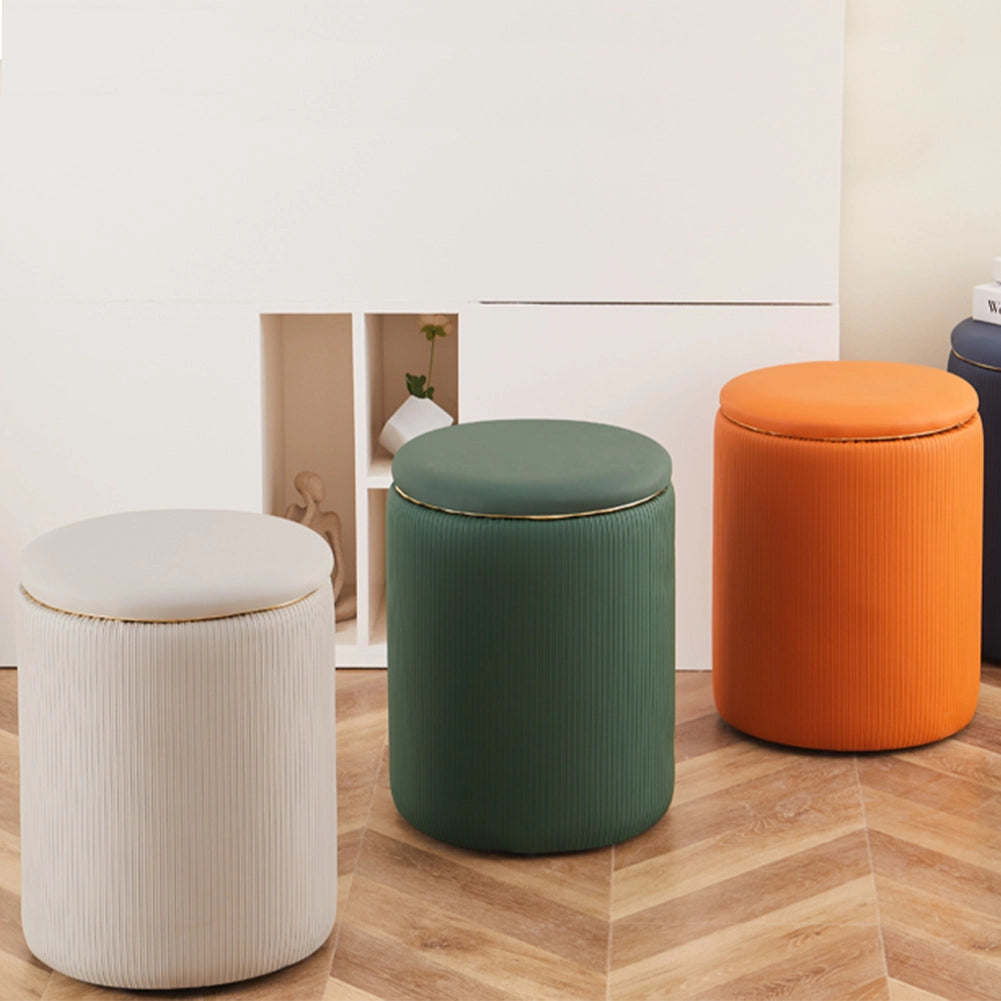 Pouf Contenitore Ecopelle Beige Decoro Oro Poggiapiedi Seduta Imbottita 35x45cm