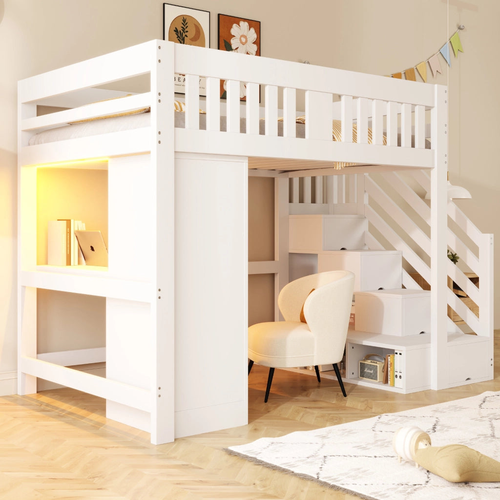 Letto a soppalco multifunzione 140x200 cm bianco in legno con scrivania; LED e contenitori