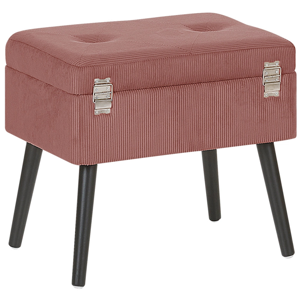 Comodino Sgabello Contenitore rosa imbottito in velluto a coste con gambe nere a forma di valigia con bottoni