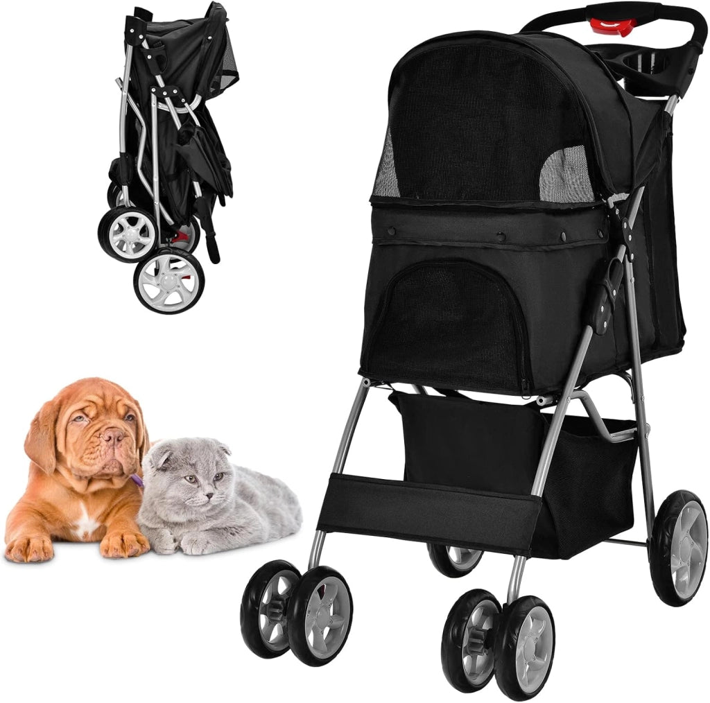 Passeggino per Cani Pieghevole, Carrozzina per Cani a 4 Ruote con Finestra a Rete Porta Bicchiere e Cesto, Passeggino Portatile per Animali Piccola e Media (Nero)