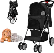 Passeggino per Cani Pieghevole, Carrozzina per Cani a 4 Ruote con Finestra a Rete Porta Bicchiere e Cesto, Passeggino Portatile per Animali Piccola e Media (Nero)