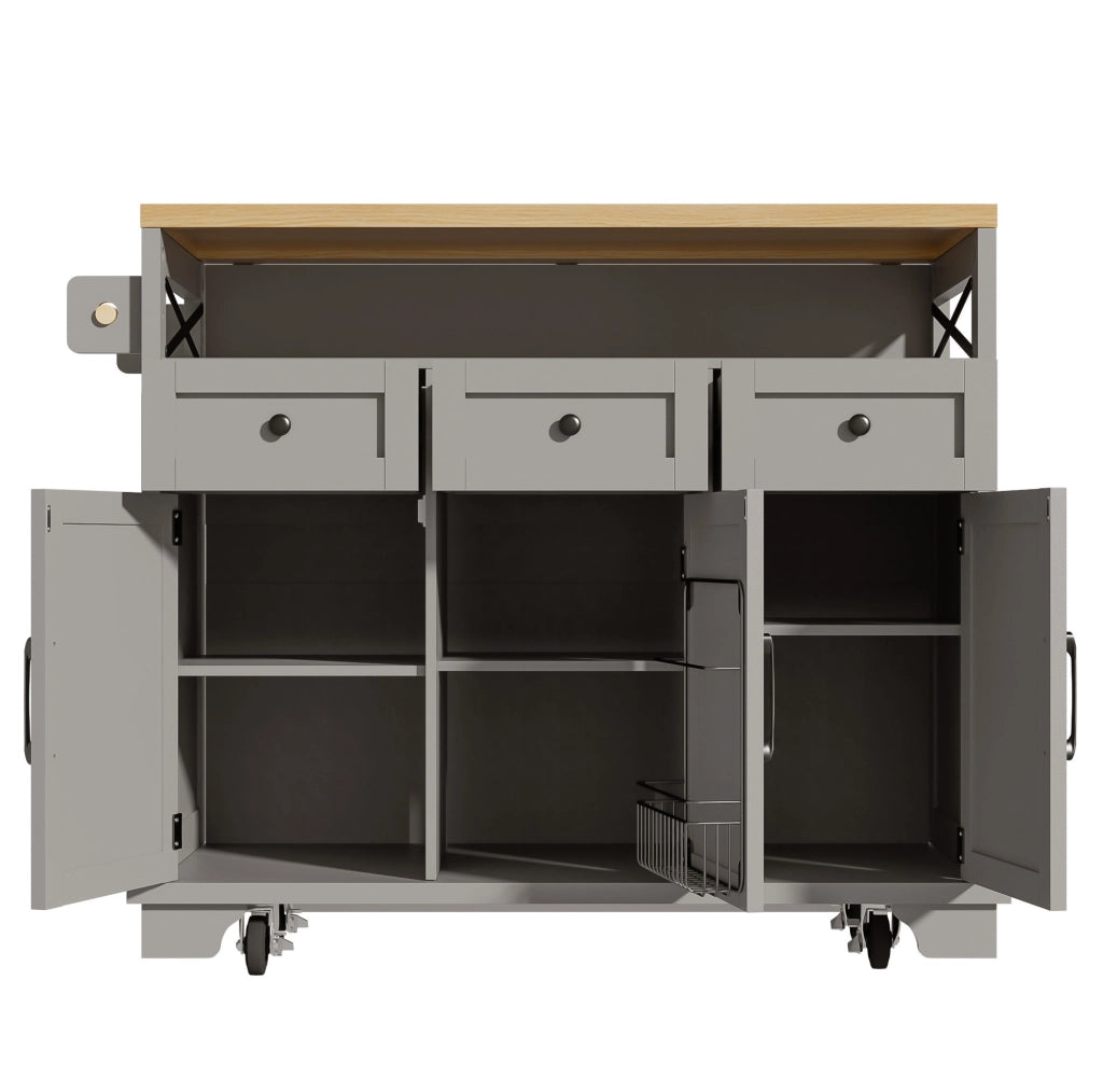 Isola cucina 118x43-80x98 cm con piano pieghevole e ruote in MDF e metallo grigio