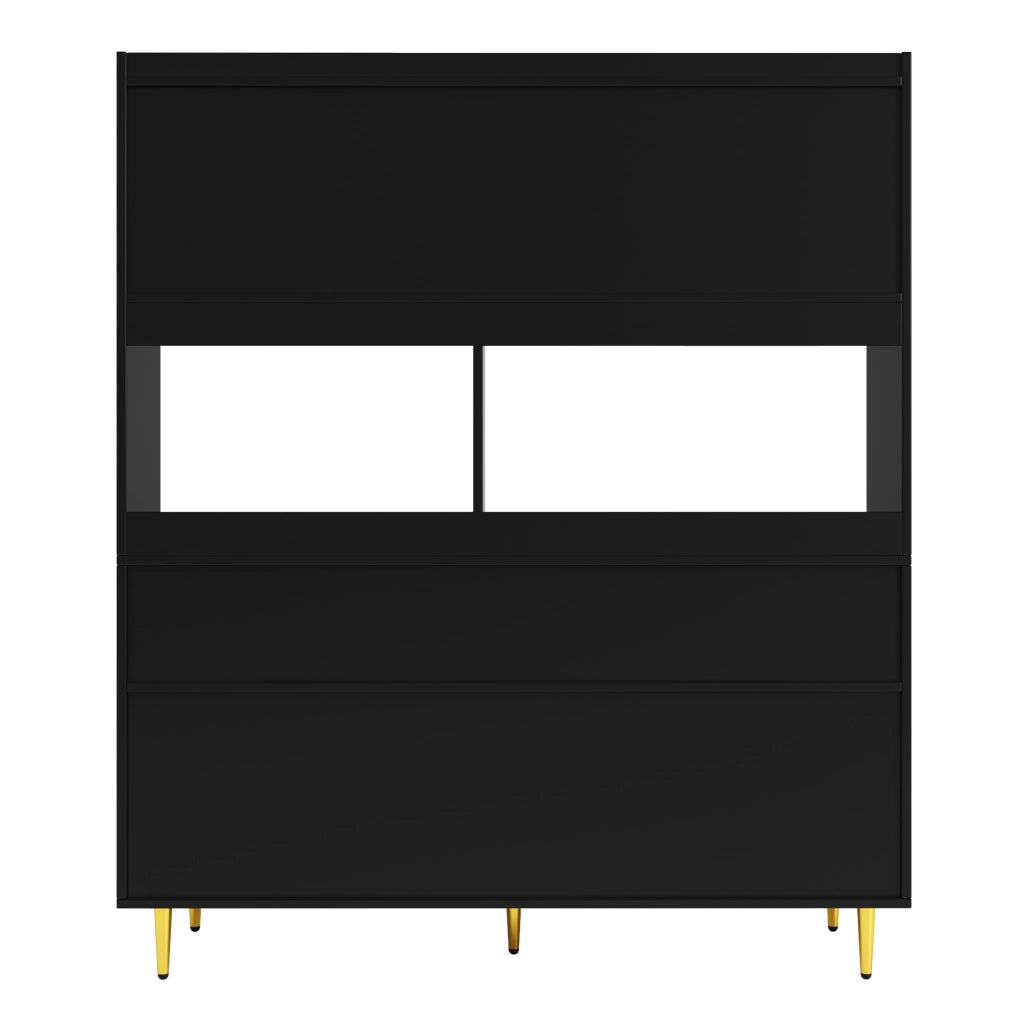 Credenza alta 145x39x171 cm con ante in vetro Changhong; portabottiglie e ripiani multipli in MDF nero