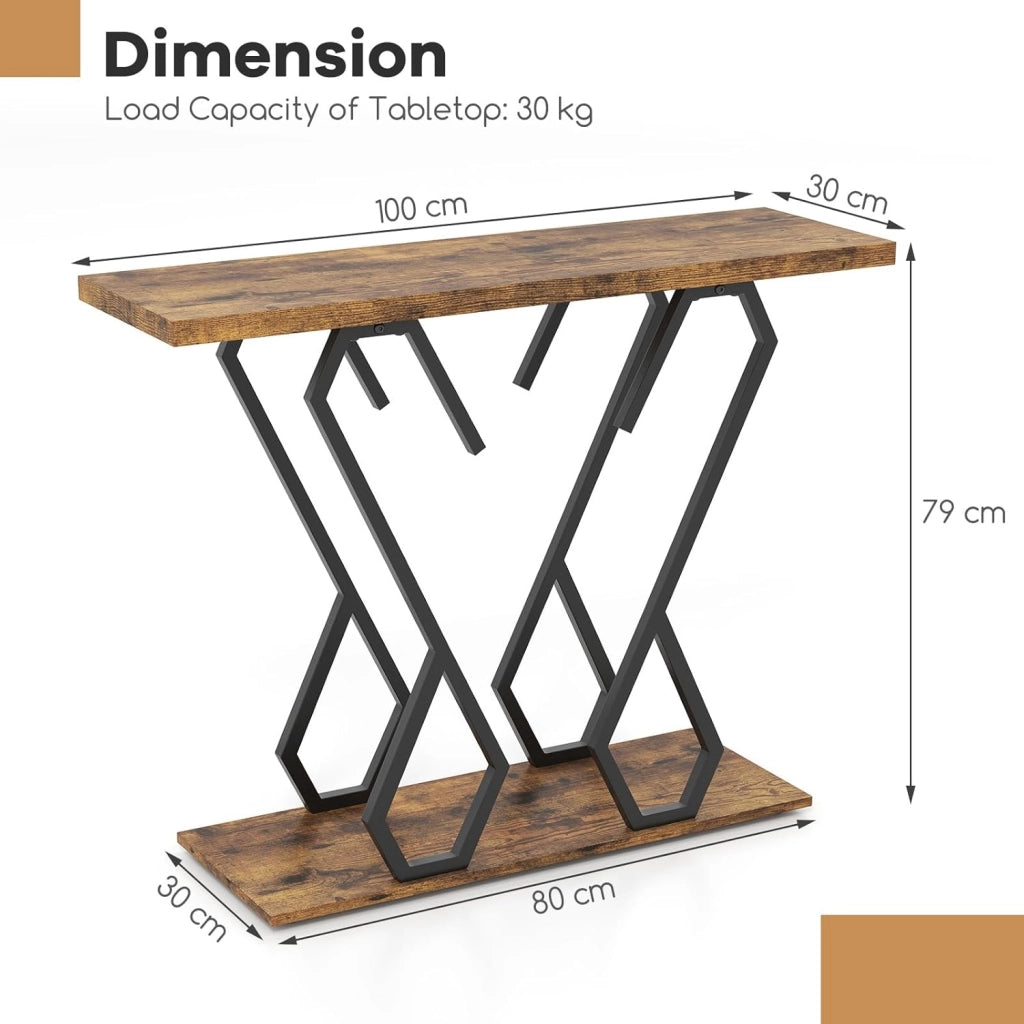 Tavolo Console di ingresso 2 livelli, 100 x 30 x 79 cm, struttura in metallo a forma di farfalla, ripiano inferiore, tavolino ausiliario per soggiorno, corridoio, corridoio (marrone)