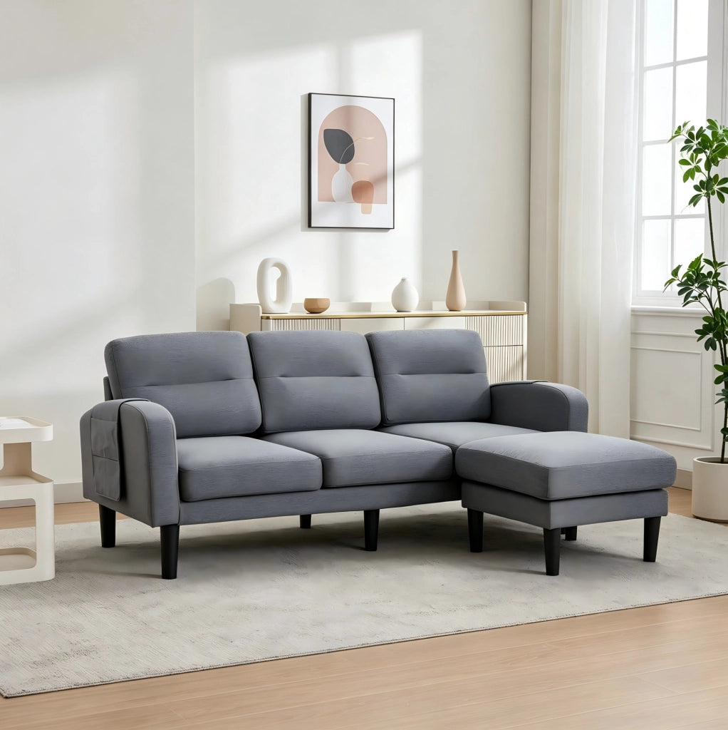 Divano angolare a L 3 posti con chaise longue; tasche laterali; 204x136x80 cm; grigio